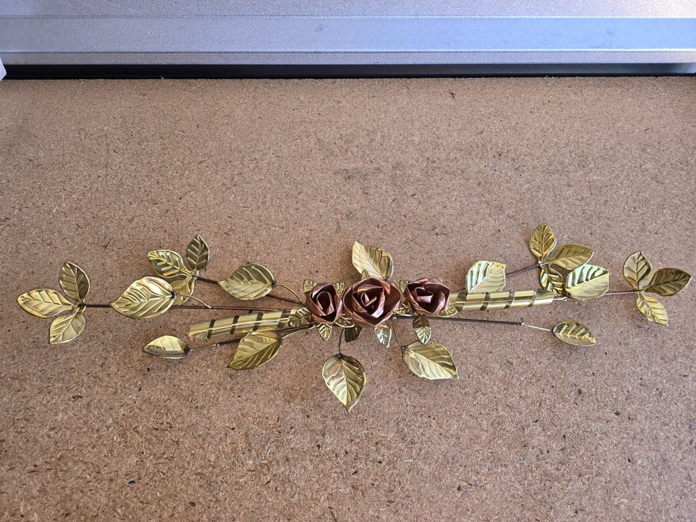 Vintage Homco Copper Brass Rose Ribbon Hanging Wall Art Swag 27” MCM Decor USA
