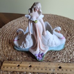 Vintage Art Nouveau Bisque Porcelain Woman with 2 Swans Planter Figurine / Read