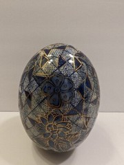 VTG Hand Painted Cloisonne Egg Blue Gold White Floral Geometric Design