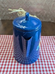9.5″high BLUE Metal Enamaled Percolator w/SUNFLOWERS-BUTTERFLIES decals x DECOR