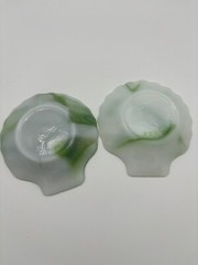 2 Akro Agate Clam Shell Green & Opaque White Swirl Glass Trinket Dish Ashtray