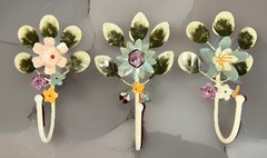 3 Vintage Italy Toleware Tole Painted Metal Flower Wall Hooks