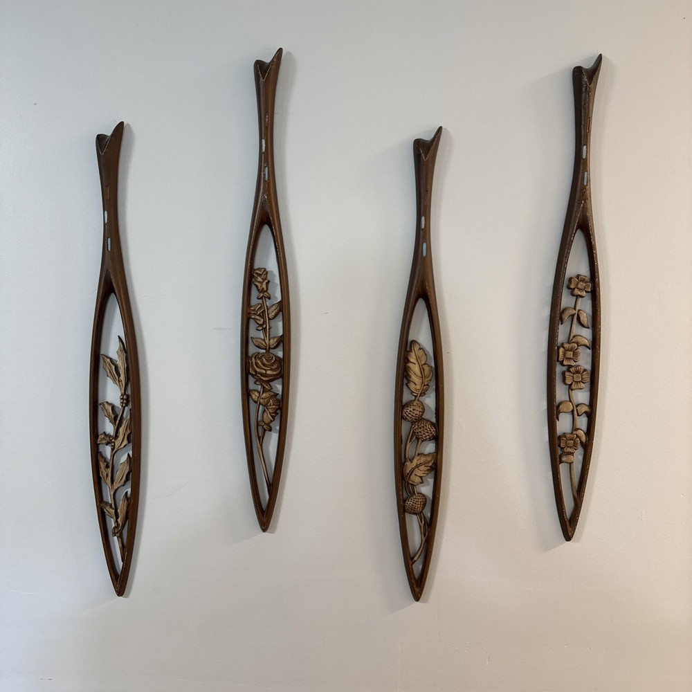 vtg mid-century cast metal hand painted set of 4 floral wall hangings decor