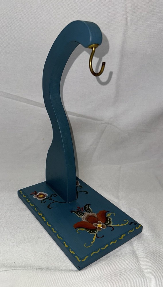 Vintage Norwegian Hand Painted Rosemaling Blue Wood Banana Holder Signed Norsk