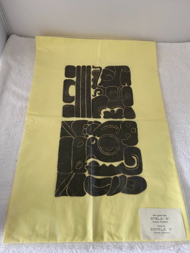 Vintage Mayan Date Glyphs Hieroglyph Ink Rubbing Fabric Yellow Cloth Guatemala