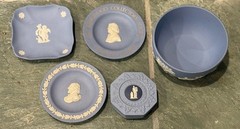 Wedgwood Blue Jasperware Lot 5pc Bowl Trinket Box Tray Plate Set Vintage Relief