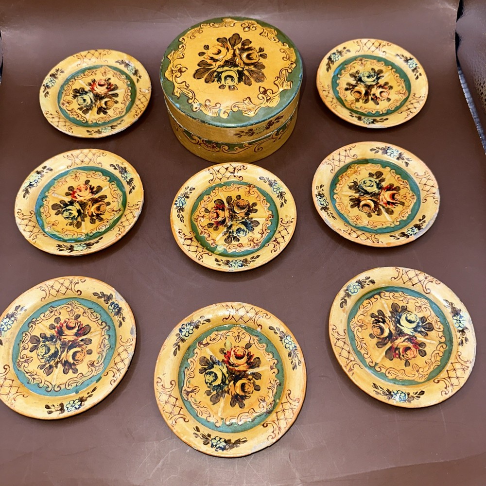 VINTAGE PAPER MACHE FLORAL COASTERS MADE IN OCCUPIED JAPAN 1940’S SET OF 8