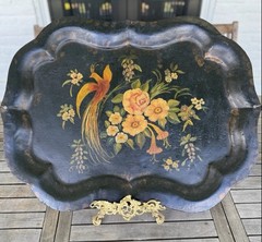 Antique 19th Century Tole Tray Hand Painted Bird Flowers 29”x 21” ESTATE FIND