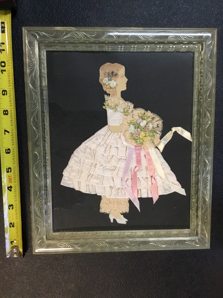 VICTORIAN RIBBON FOLK ART LACE PICTURE OF LADY