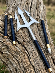 Handmade Poseidon Trident 60” Steel Spear Leather Wrapped Handle Cosplay Prop