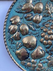 Vintage England Elpec Brass Fruit Wall Plaque Turquoise Blue Gold Embossed Decor