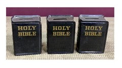 VINTAGE 3 SMALL HOLY BIBLE PRODUCERS BANK ALL WITH BOTTOM PLUGS MADE IN JAPAN