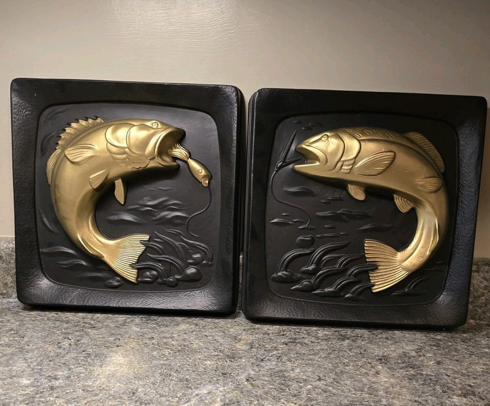 Vintage 1955 Miller MCM Thermal Plastic Trout and Bass Relief 10″ Wall Plaques