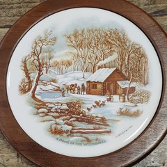 3 Vintage Currier & Ives Ceramic Trivet Unbranded Tile Wood Folk Art Decor Wall