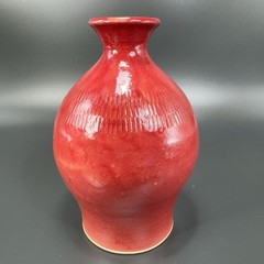 Vintage Hand Made Studio Art Pottery Vase Bottle Small Mouth Red Glaze Signed