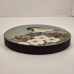 2 VTG Hand Painted Round Wood Lid Dogwood Berries Chickadee Bird Farmhouse Decor