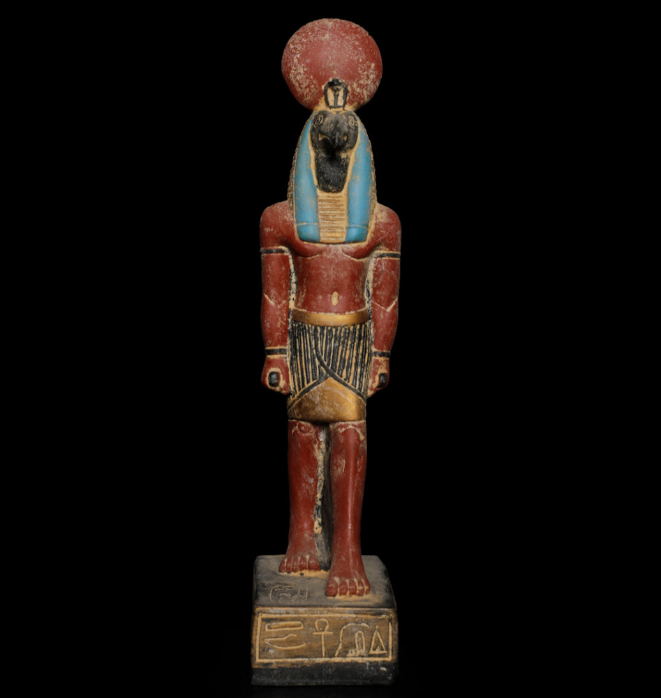 Ancient Egyptian Antiques Ra Falcon God Statue Black Stone Solar Disc Figure BC