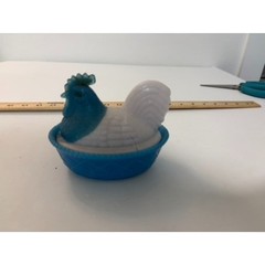 Vtg. Westmoreland Blue and White Milk Glass Hen on Nest covered dish – REPAIRED