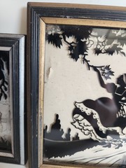 Vintage Deltex Reverse Painted Glass Silhouette Wall Art Pair 1933 Brooklyn NY