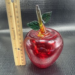 Hand Blown Large Red Apple Fruit With Leafs Hand Made Art Glass Figurine Decor