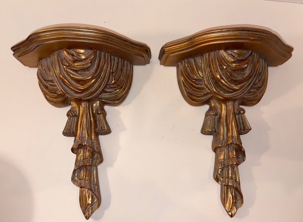 Pair Of Wood Wall Shelf Sconces Gilt Painted Draped Tassel Neoclassical