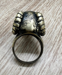 Large Rocker Bronze Ring with Skull and Horns Antique Ancient Rare