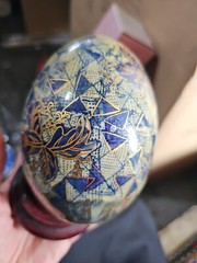 Vintage Handpainted Cloisonné Egg Blue White Gold Floral Geometric Design