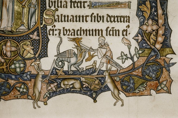 Image: Detail of a Knight fighting a beast. From Bodleian MS. Douce 366, fol. 128r, "The Ormesby Psalter"