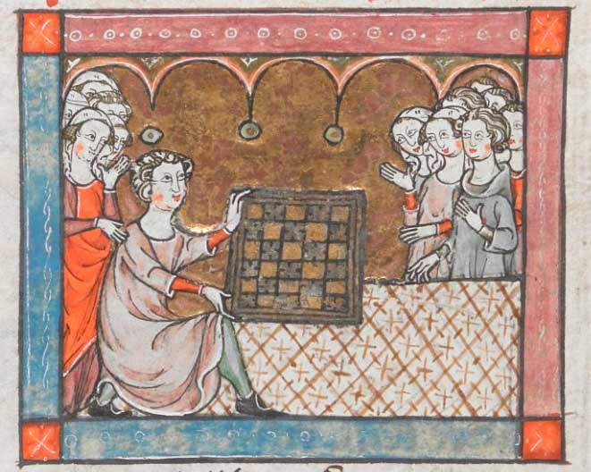 BL Add. MS 10293, f. 302r: Lancelot playing chess