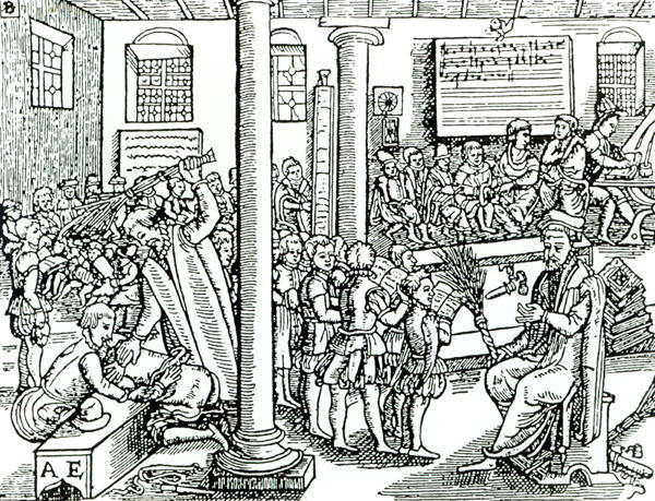 Woodcut of a Tudor Grammar School