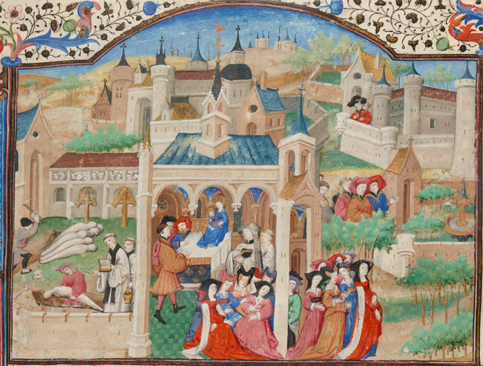 Detail from a 15th-century French manuscript of the Decameron (Bibliothèque nationale de France, Département des manuscrits, Français 239, fol. 1r.)