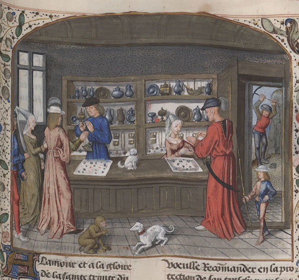 Illustration of a jewel merchant from a manuscript of the Lapidary of Jean de Mandeville, ca. 1480, in Bibliothèque nationale de France, MS Français 9136, f. 344r.