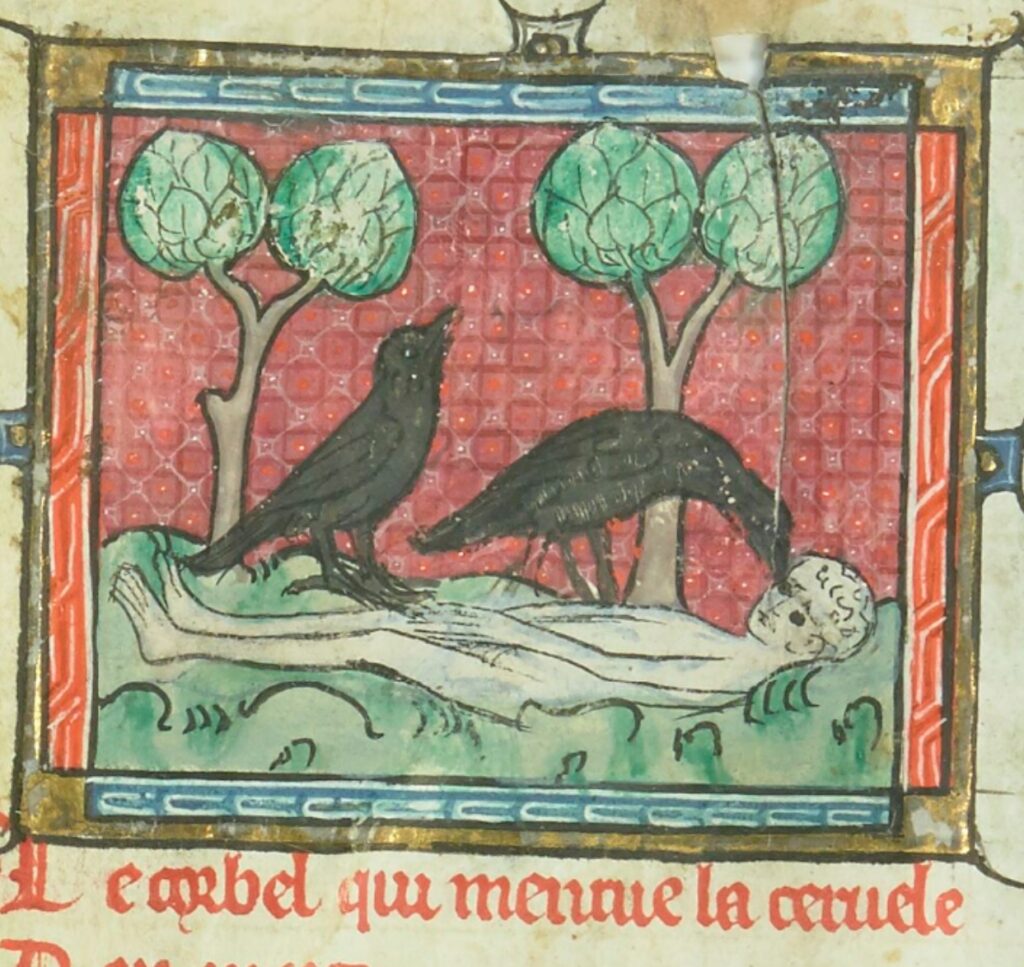 Manuscript illustration of crows eating the eyes from a corpse (Bibliothèque Nationale de France, fr. 1951)