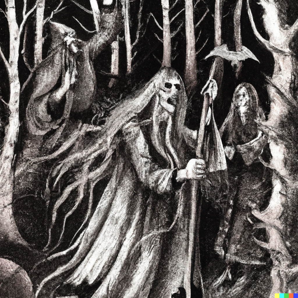 AI-generated image by DALL-E from the prompt "medieval illustration of a witch covered in hair holding a trident and scaring two monks in a gloomy forest."