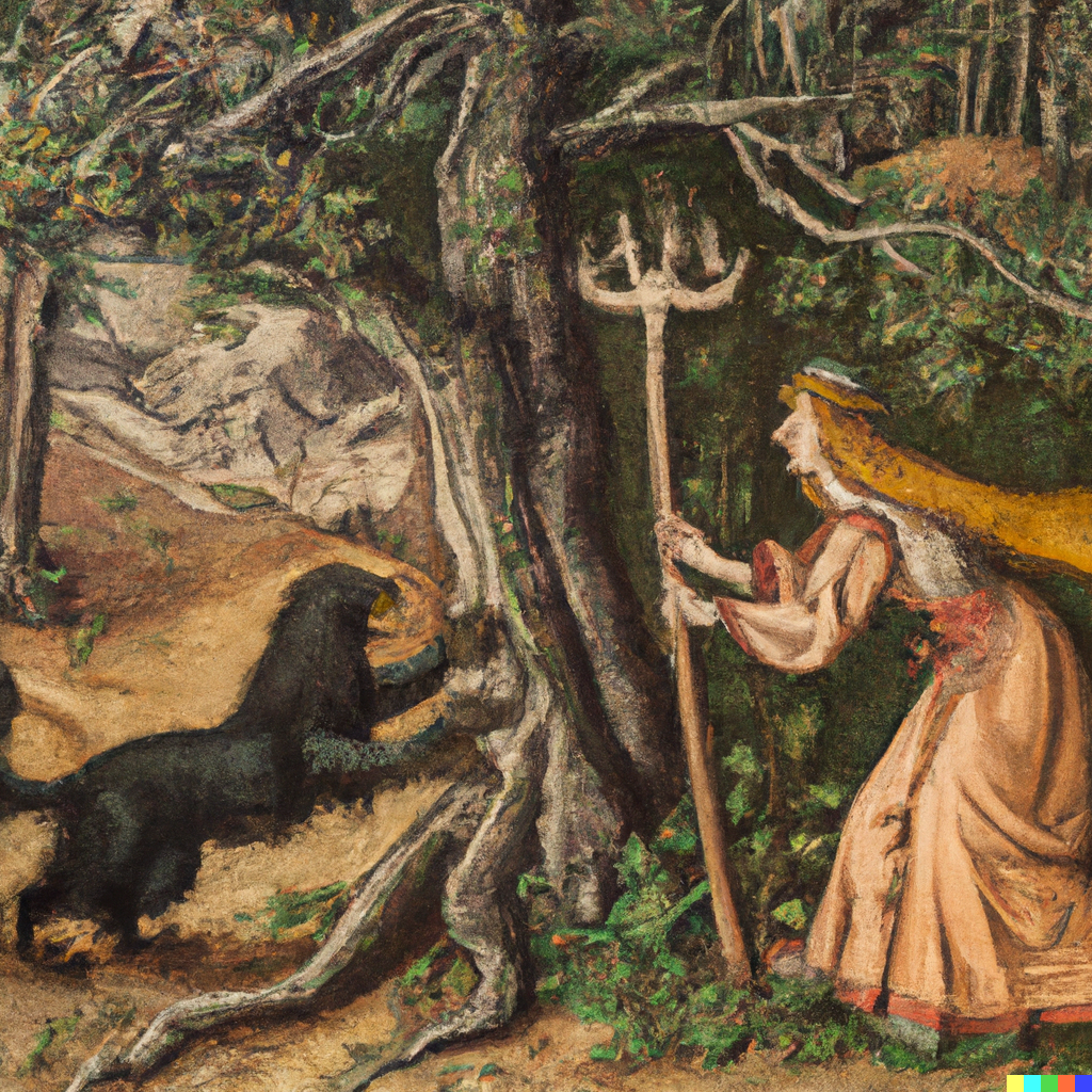 AI-generated image by DALL-E from the prompt "medieval painting of a hairy witch with a trident scaring a monk in a forest."