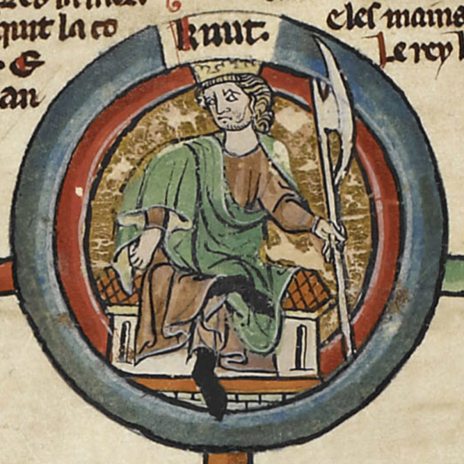 Detail of King Cnut with an axe from the British Library, Royal MS 14 B vi.