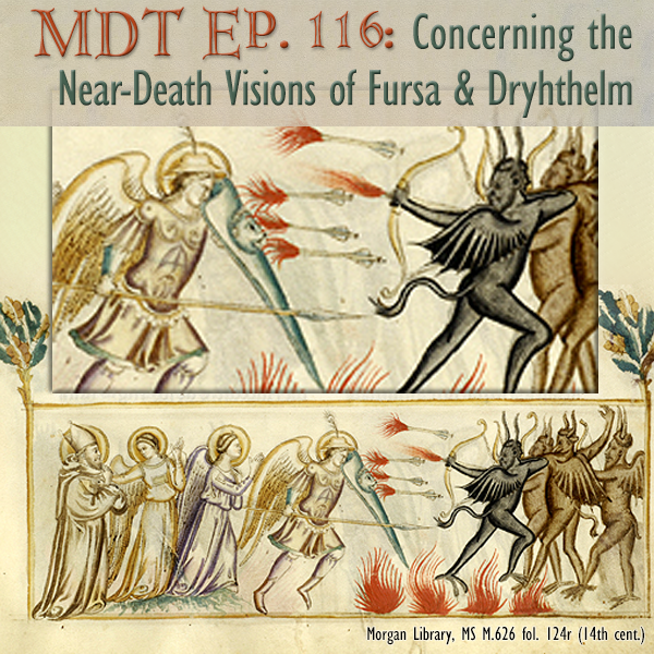 Detail of St. Fursa being protected by angels from the assaults of devils from Morgan Library MS M.626, fol. 124r.